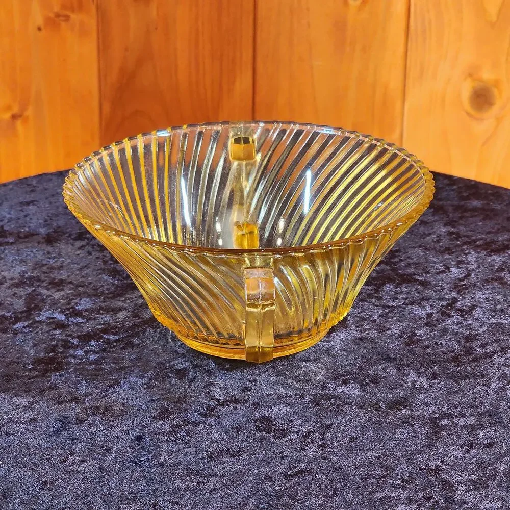 Vintage Amber Depression Glass Bowl -Art Deco Ribbed Serving Dish- Double Handle